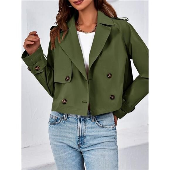 Womens Cropped Trench Coat Lapel Double Breasted Green - Picture 3 of 5
